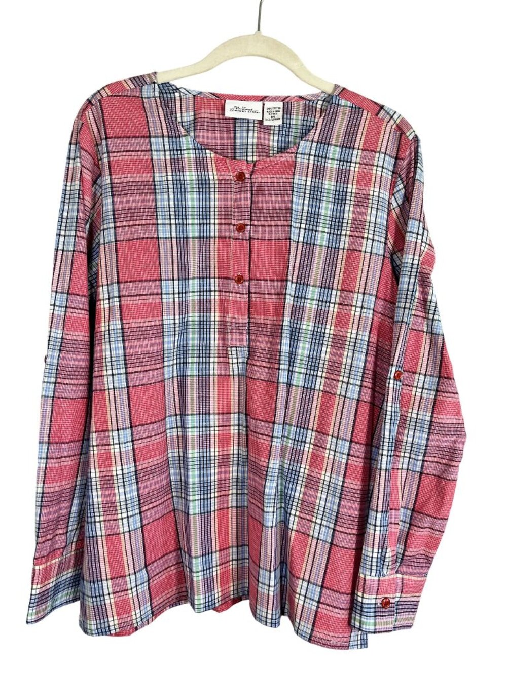 Colorful Plaid Tunic Top Pink M Country Farm Boho Indie Western Classic Chic 80s